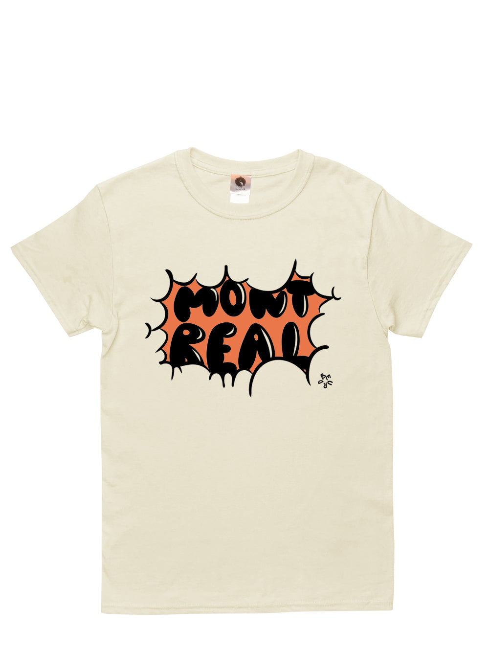 T-shirt unisexe beige avec design montreal sérigraphié à l'avant et disponible en deux couleurs