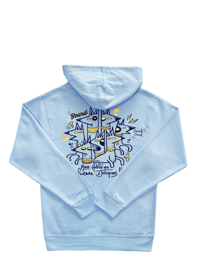 Hoodie bleu la chienne collaboration entre Zumo et Beurd