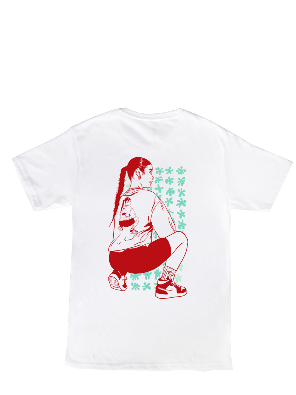 T-shirt blanc Gurl avec dessin et sérigraphie fait par Beurd à l'atelier boutique sur la Plaza St-Hubert