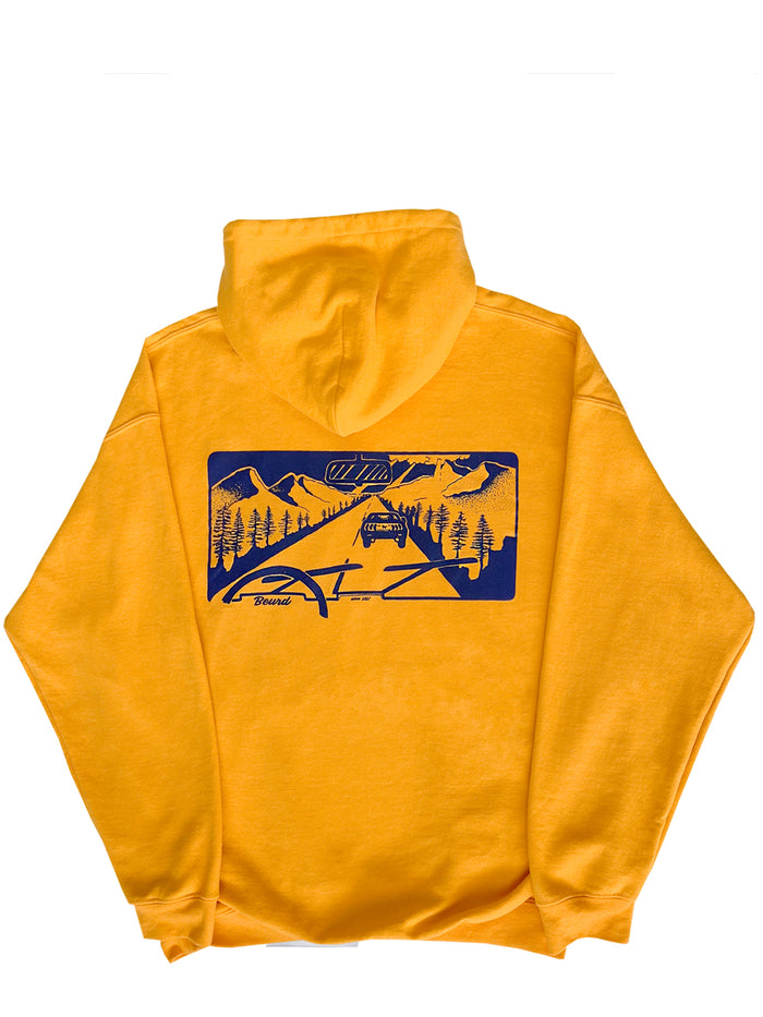 Hoodie jaune avec illustration de route imprimée en sérigraphie de la marque Beurd