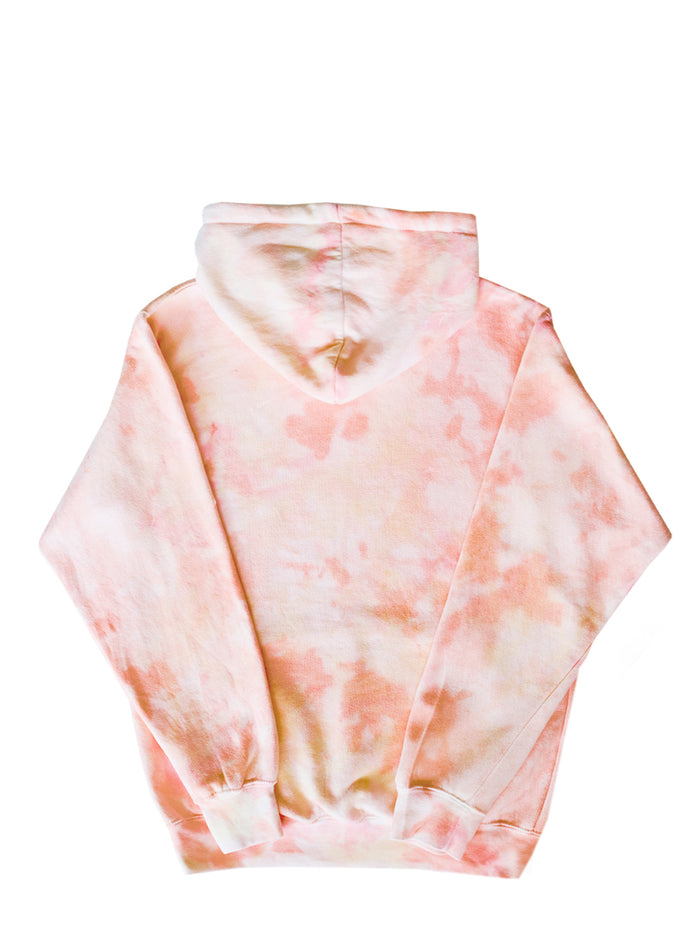 Hoodie tie and dye rose pale orange fait pour une collaboration avec LG Canada et Beurd photo à plat de l'arrière du hoodie