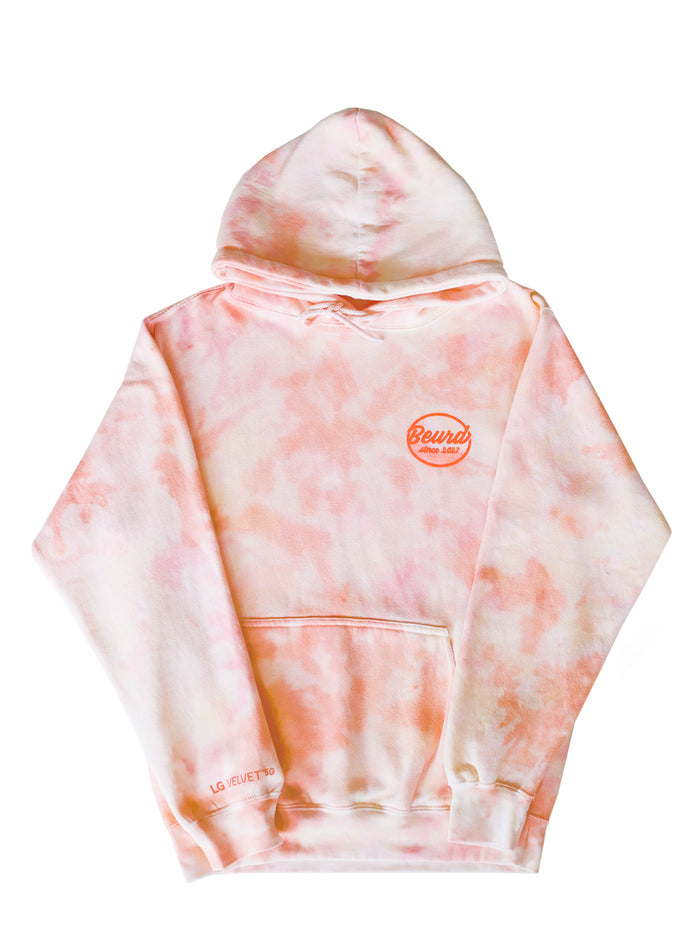 Hoodie tie and dye rose pale orange fait pour une collaboration avec LG Canada et Beurd photo à plat de l'avant du hoodie