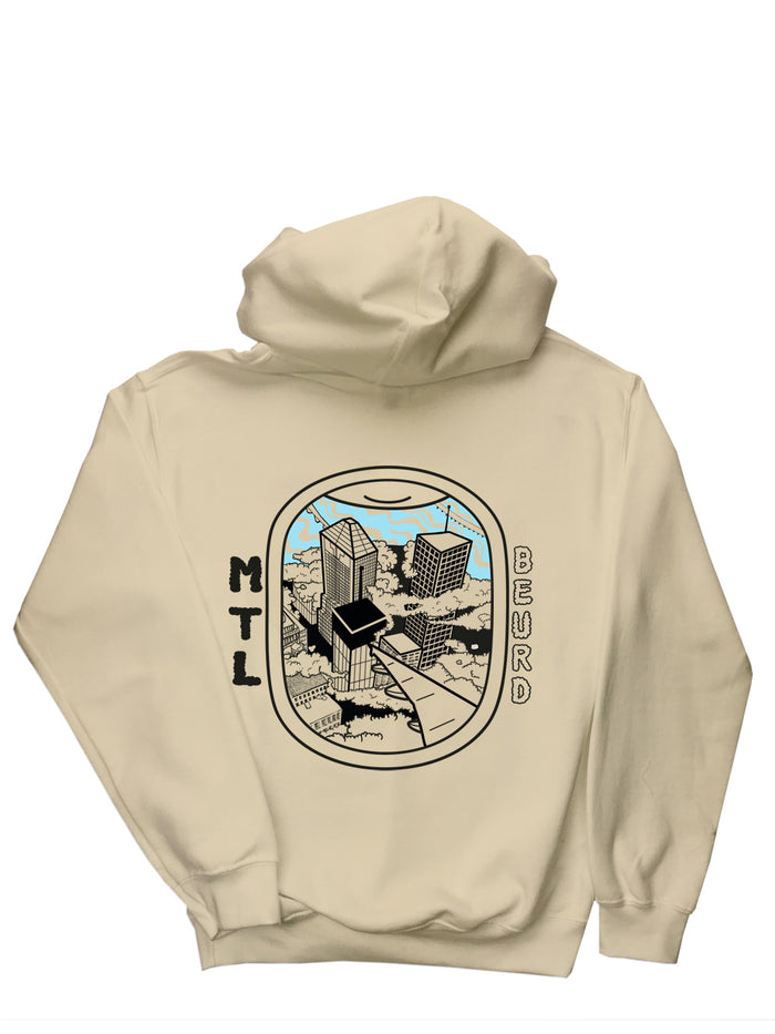 Hoodie « sky » couleur sable avec dessin de Montréal. Dessiné et sérigraphié par Beurd 