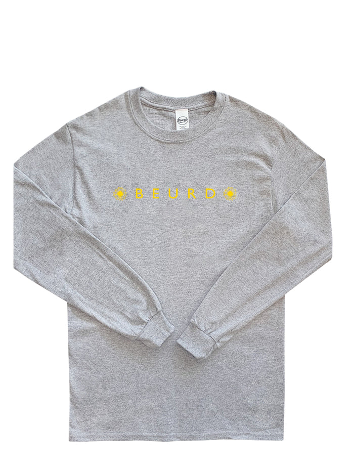 T-shirt manche longue gris unisexe avec imprimé Beurd à l'avant et tournesols à l'arrière