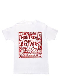 T-shirt unisexe blanc avec illustration timbre de Montréal