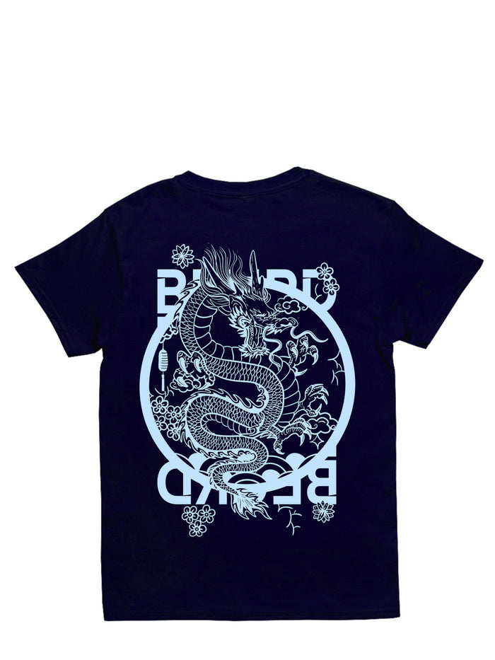 T-shirt bleu marine dragon sérigraphié à montréal