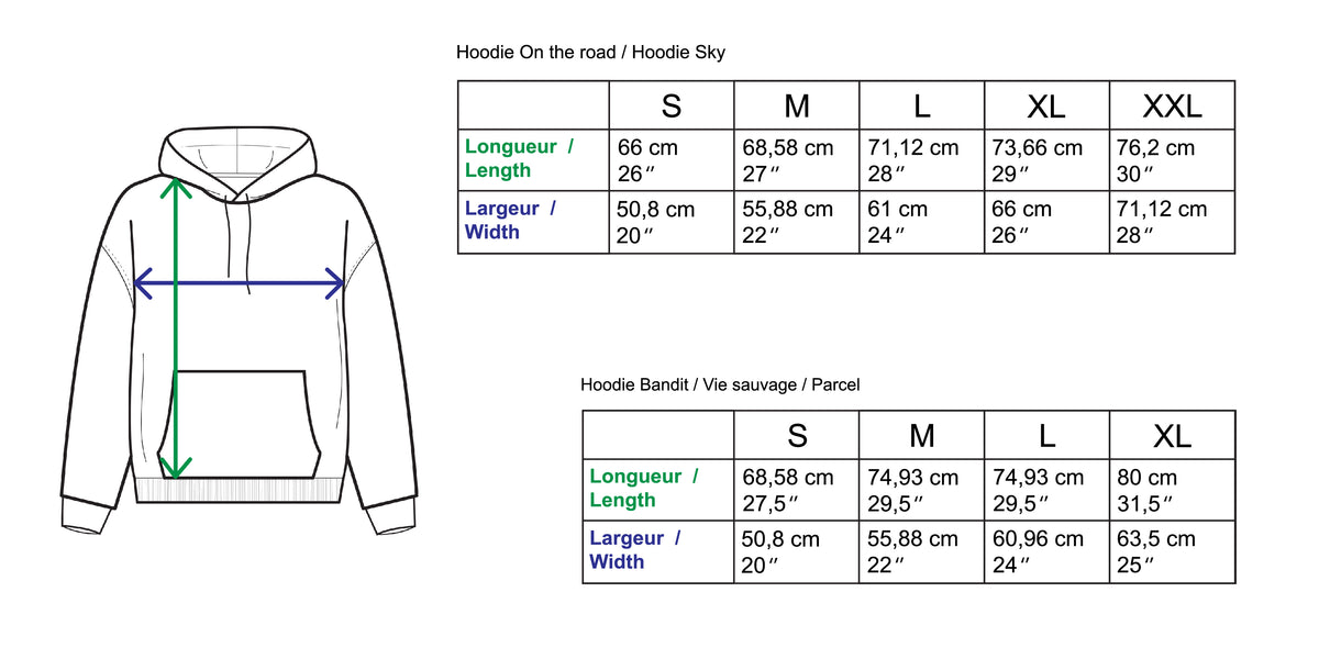 guide des tailles hoodies unisexes 