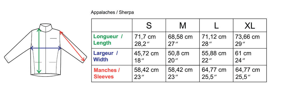 guide des tailles veste Appalaches / Sherpa unisexe
