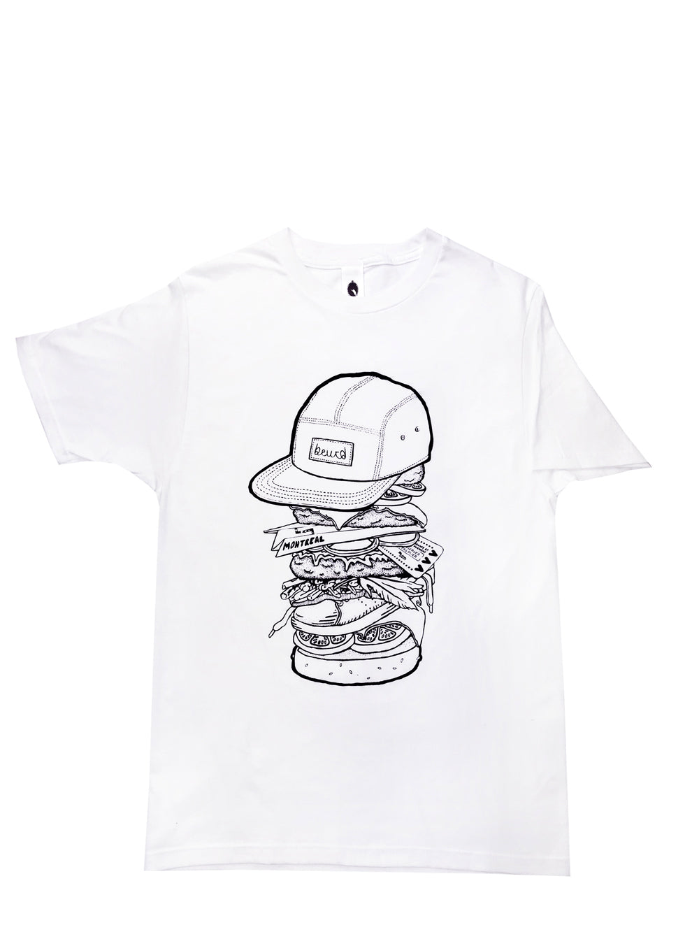 T-shirt blanc MTl Burger, dessin réalisé et sérigraphié par Beurd
