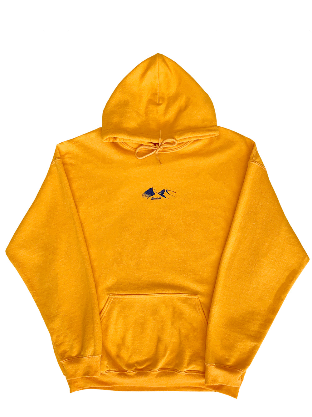 Hoodie jaune avec illustration de montagnes imprimée en sérigraphie de la marque Beurd