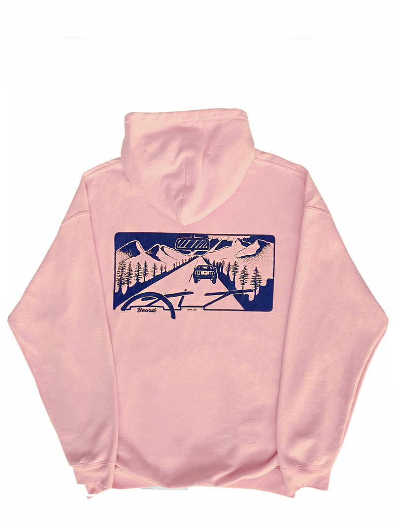 baby pink hoodie with the road print on the back from Beurd