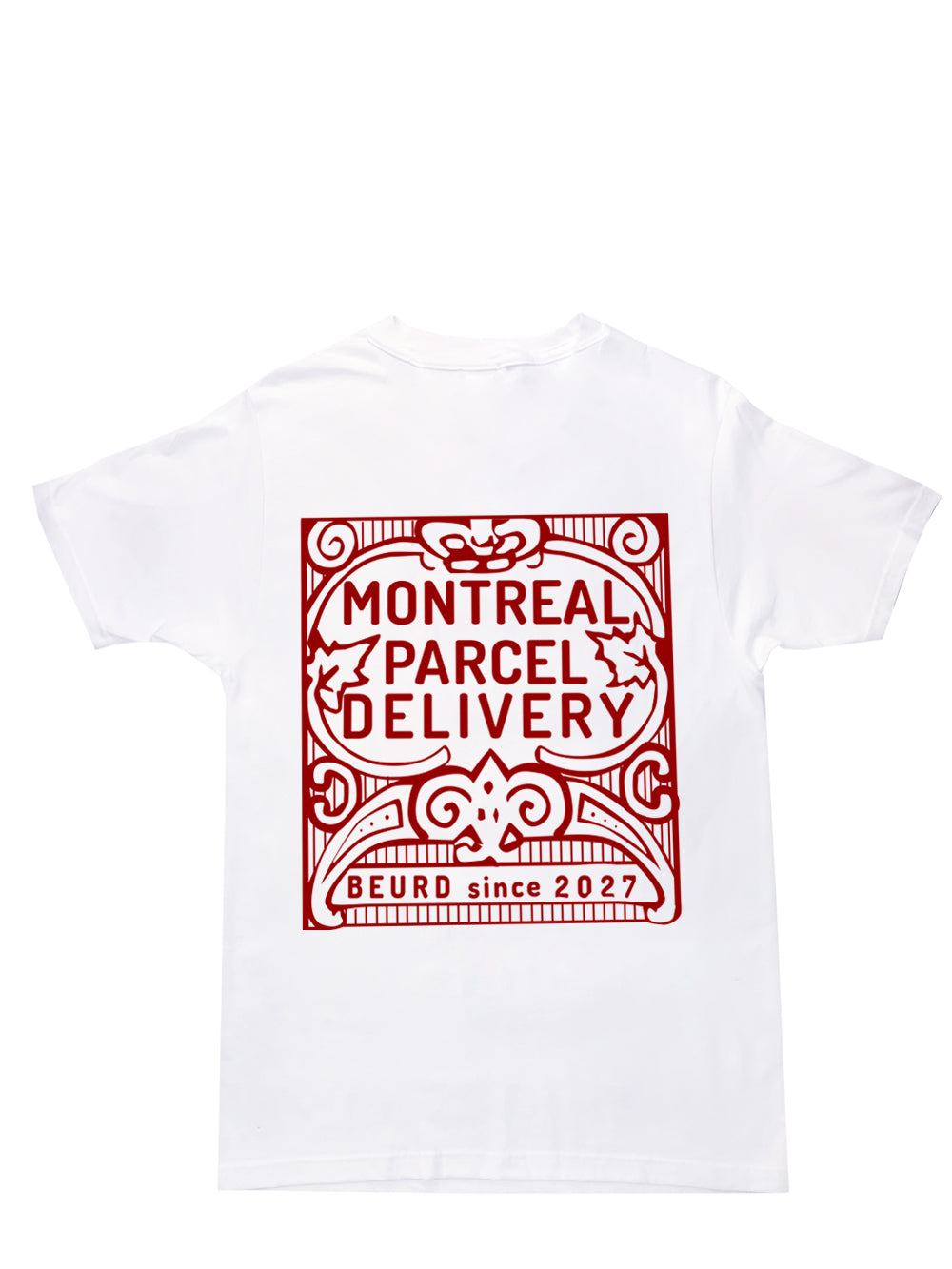 T-shirt blanc avec imprimé rouge « Montreal Parcel Delivery ». Imprimé et dessiné par Beurd à Montréal.